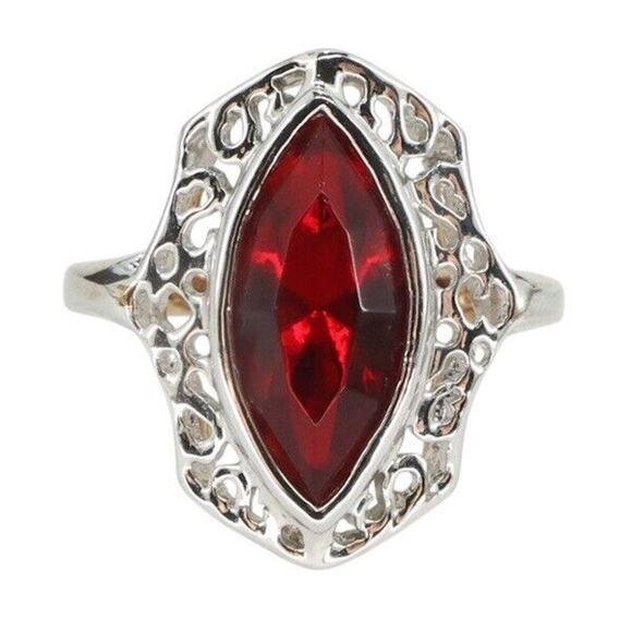 Vintage 14K HGE Gold Plated 2 Tone Ring W Red Glass Crystal Stone Size 6.5 - Picture 1 of 5